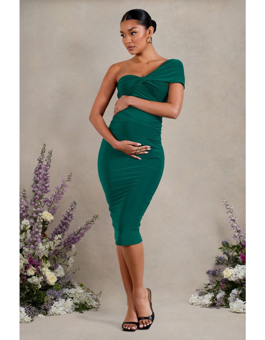 Admired | Bottle Green Ruched One-Shoulder Maternity Midi Dress - 4