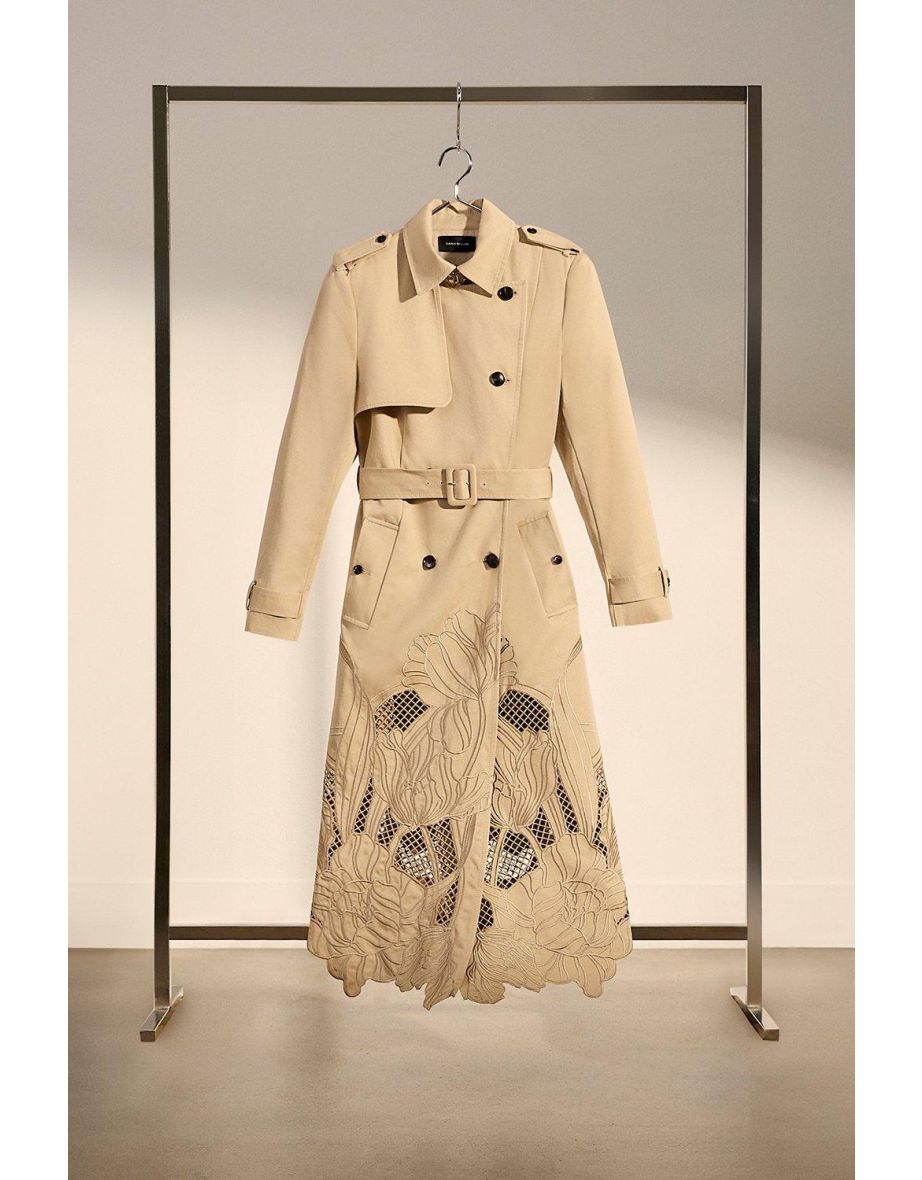 Tailored Cutwork Embroidered Belted Trench Coat - 3