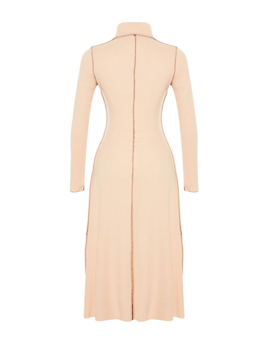 Beige A-Line Midi Skater Dress with Long Sleeves - 8