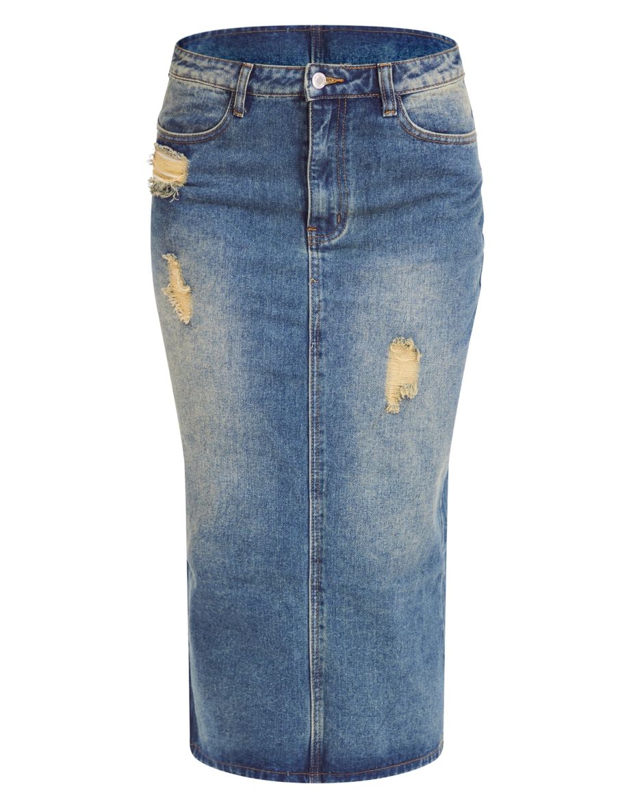 Indigo Vintage Wash Distressed Denim Midi Skirt - 4