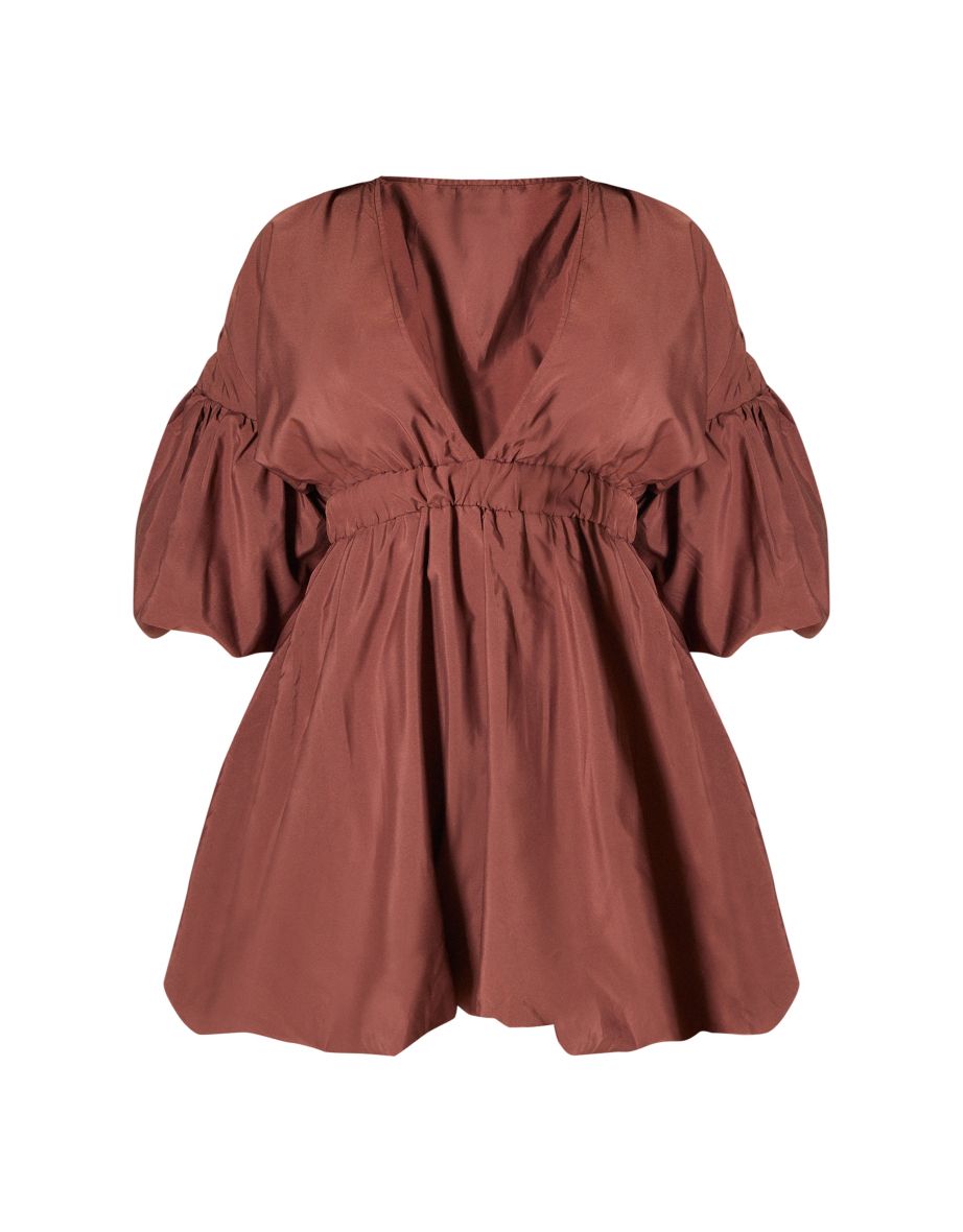 Plus Brown Puff Sleeve Puffball Hem Dress - 4