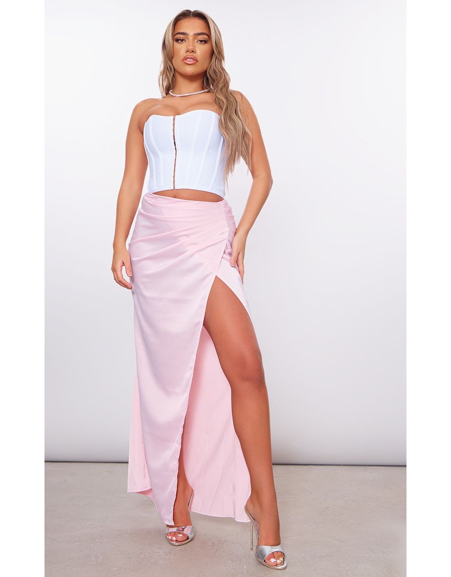 Pale Pink Structured Satin V Front Ruched Split Front Skirt