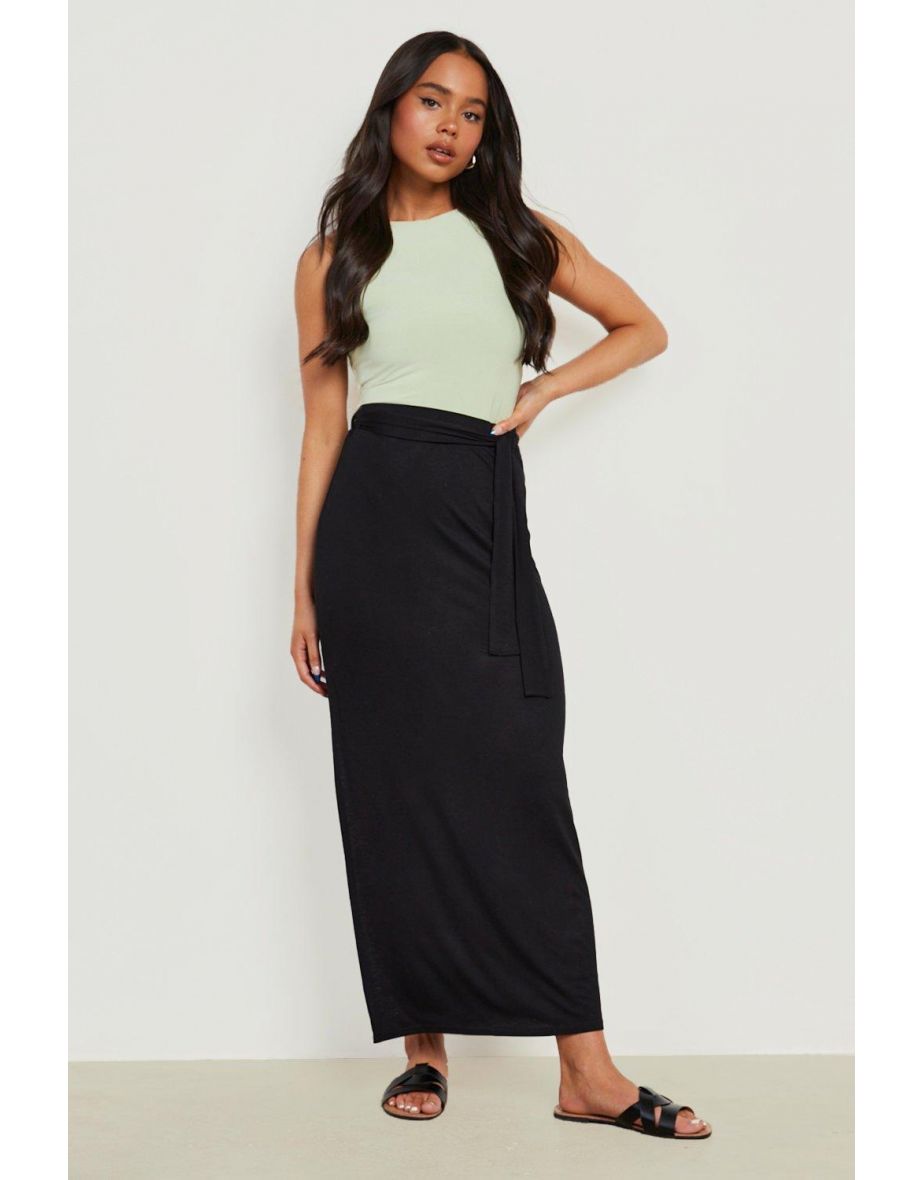 Petite Belted Split Leg Maxi Skirt - black