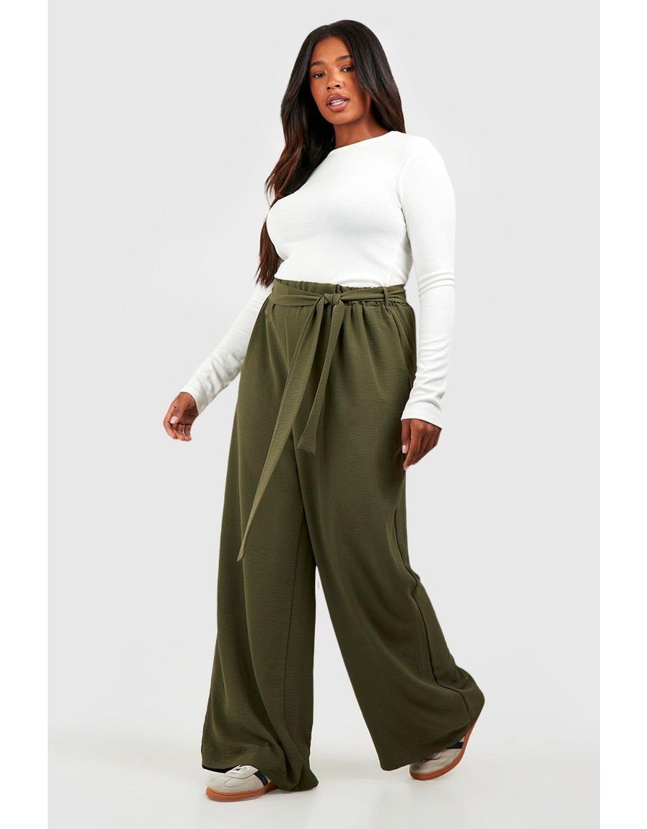 Shop Plus Woven Textured Belted Wide Leg Trousers khaki Online in Oman VogaCloset