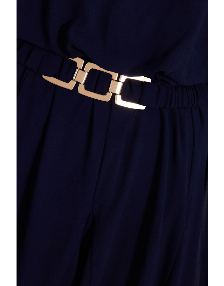 Navy Chiffon Long Sleeve Skater Dress - 5