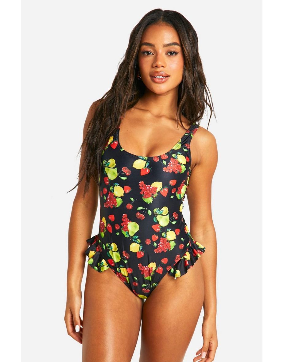 Fruit Print Frill Scoop Swimsuit - black