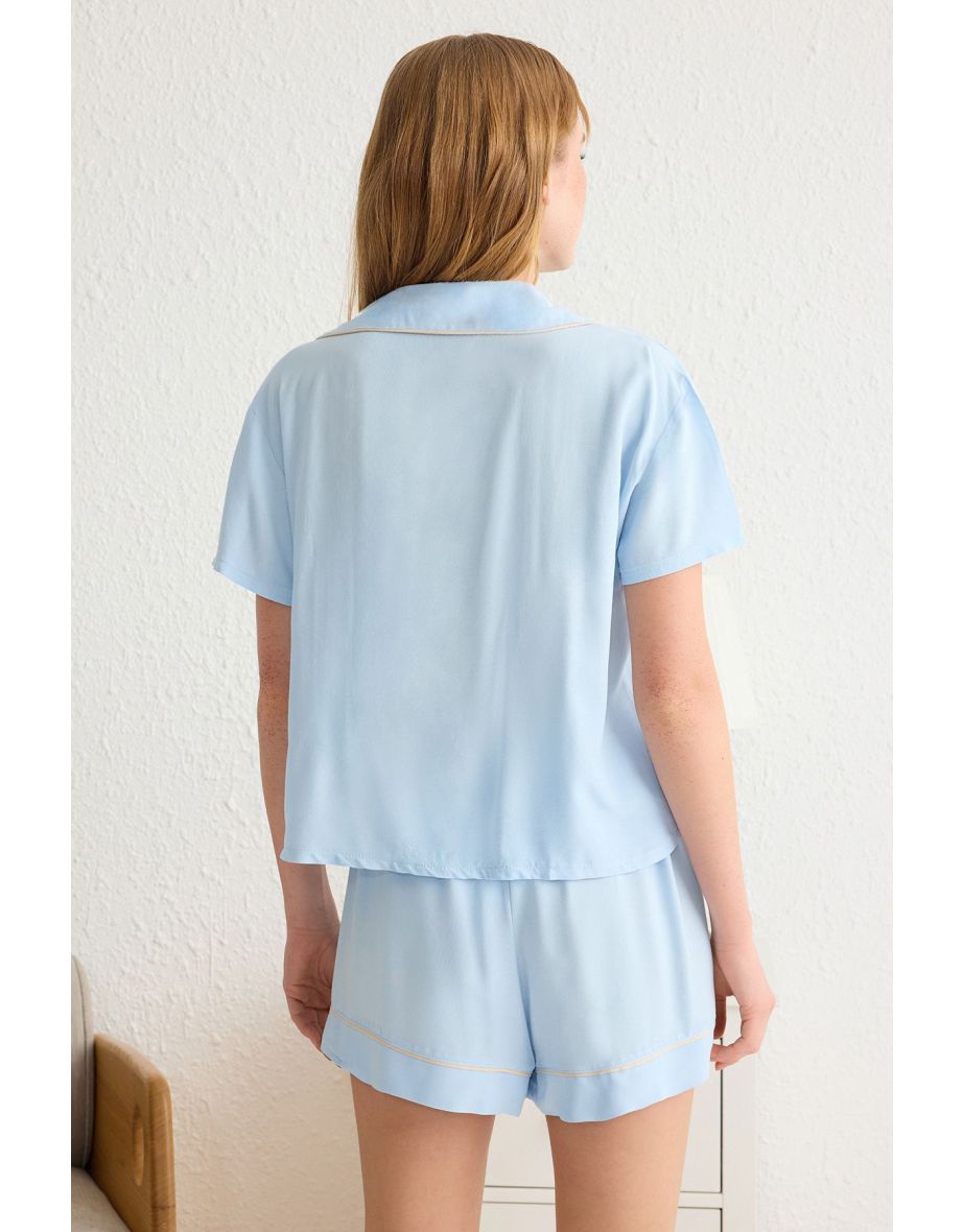 Blue Plain Piping Shally Woven Pajama Set - 4