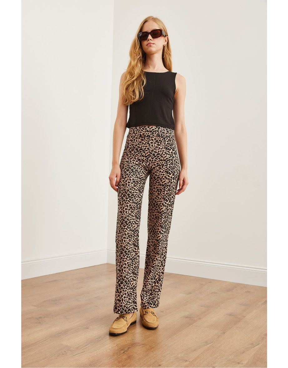 Women's Leopard Beige High Waist Suede Textured Wide Leg Pants