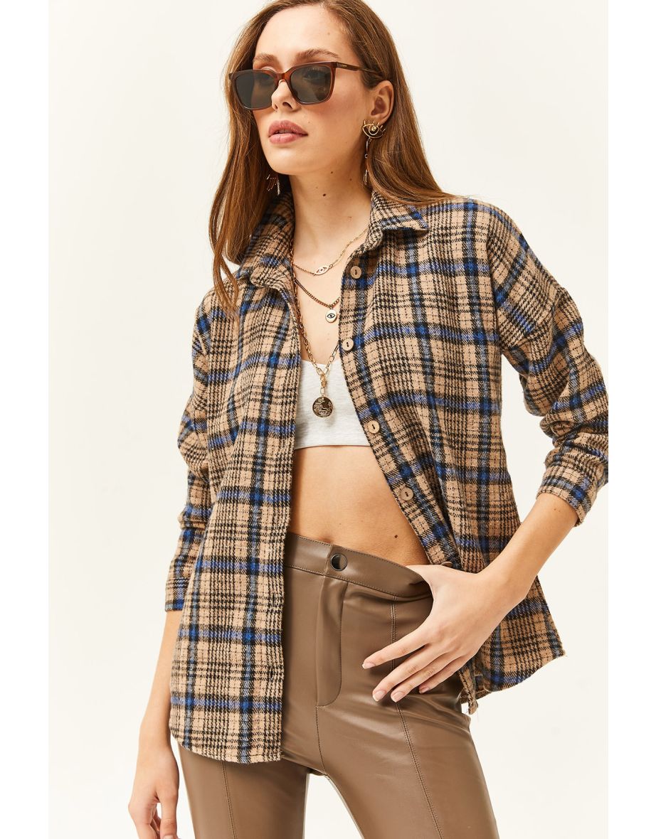 Women's Camel Navy Blue Plaid Lumberjack Shirt