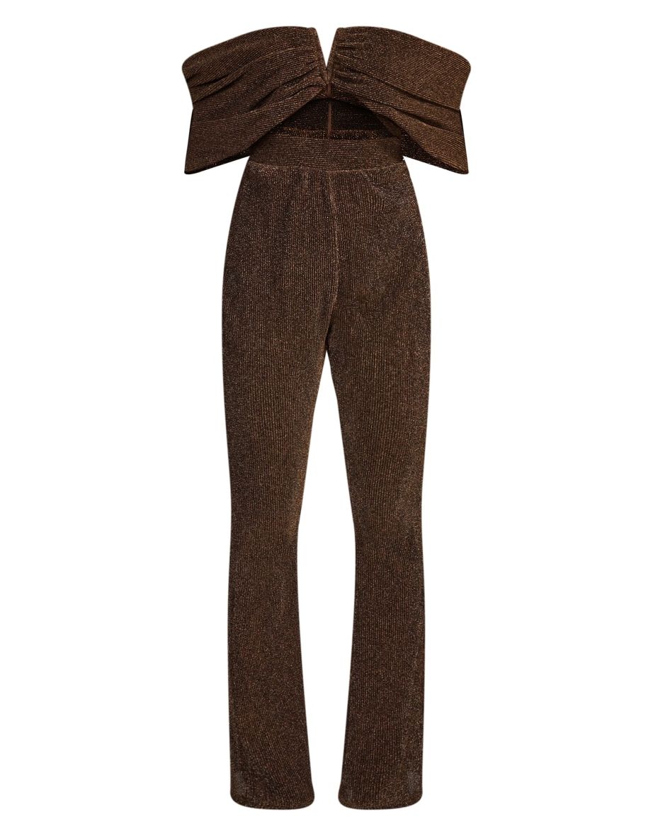 Chocolate Glitter Plisse V Bar Bardot Jumpsuit - 4