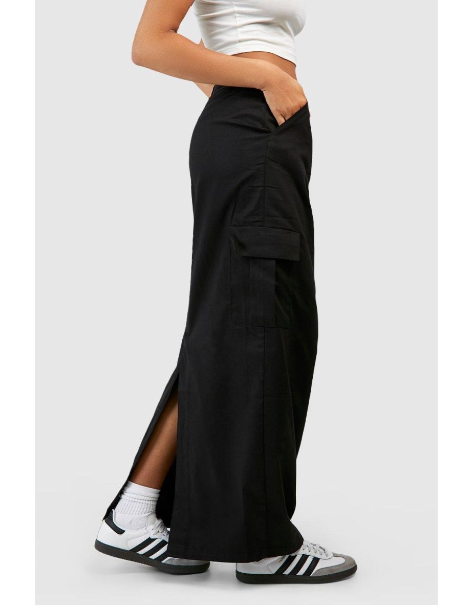 Tall High Waisted Twill Cargo Maxi Skirt - black - 3