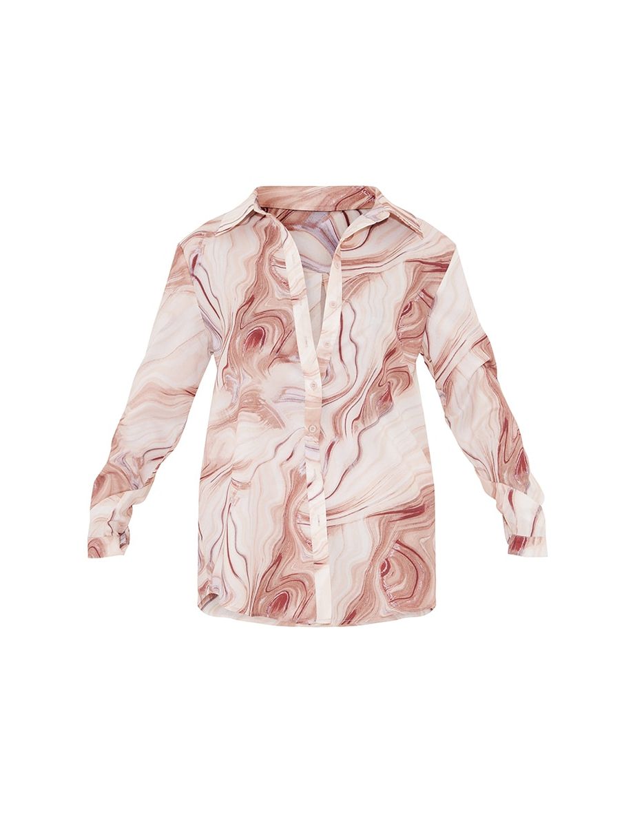 Brown Marble Print Oversized Shirt - 4