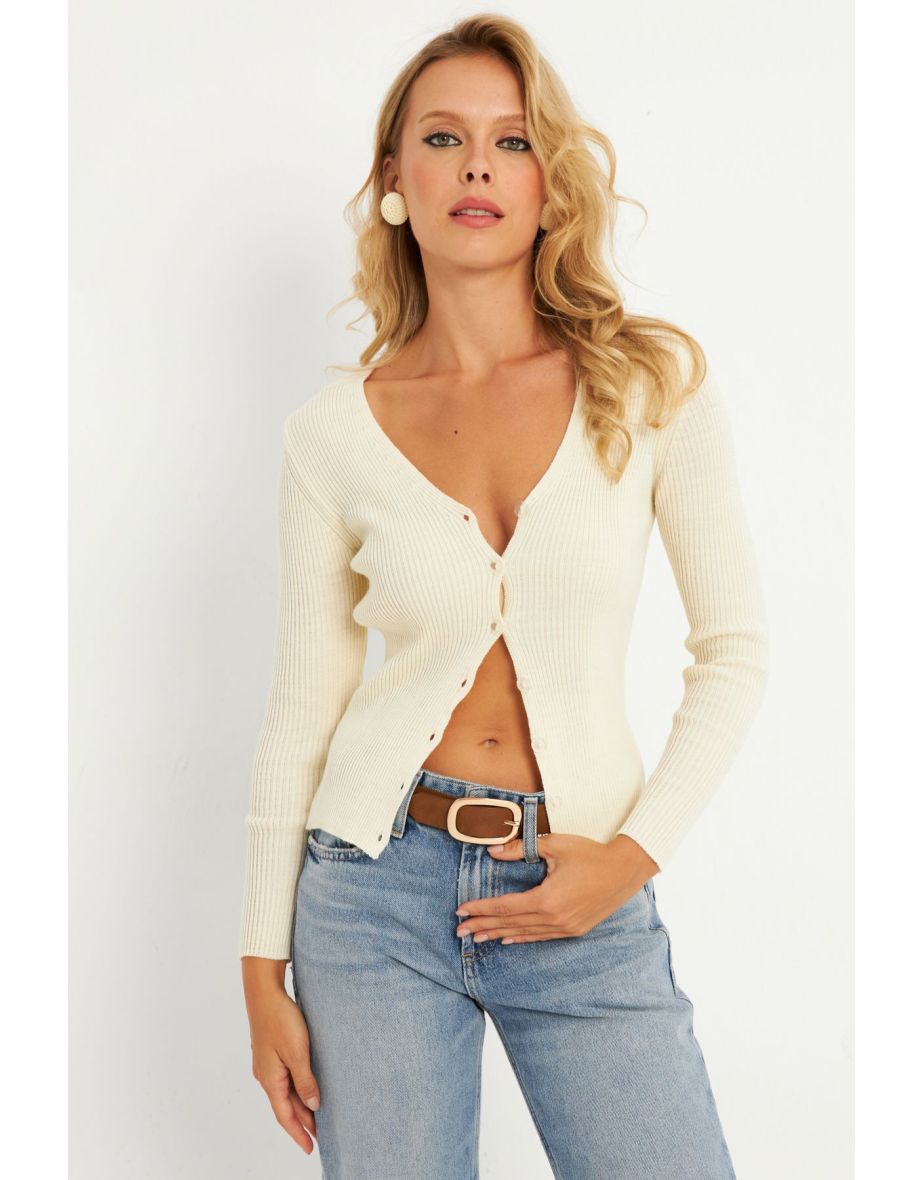 Women's Ecru Buttoned Knitwear Cardigan