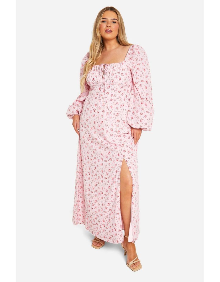 Plus Ditsy Balloon Sleeve Milkmaid Maxi Dress - pink