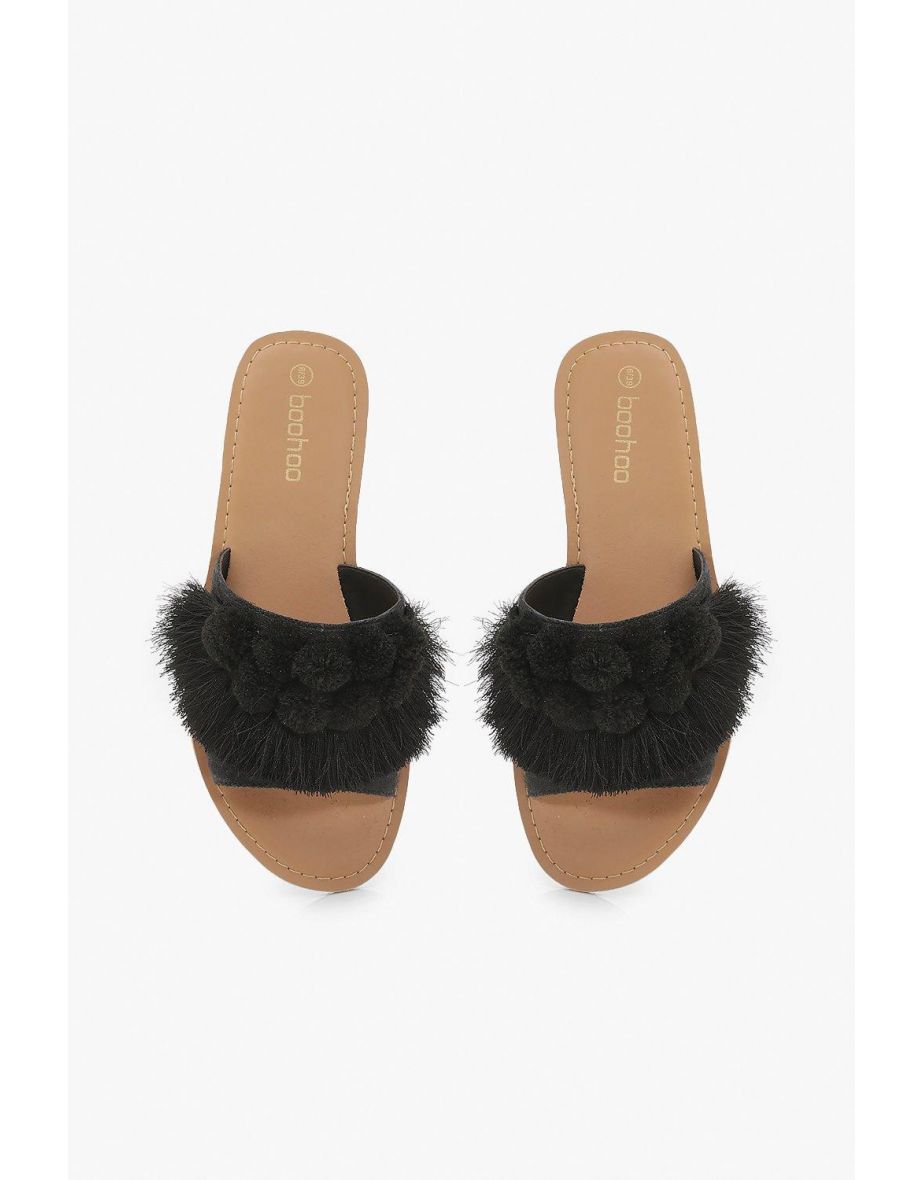 Wide Fit Pom Pom Frill Sliders - black - 3