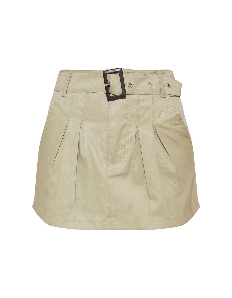 Sage Khaki Twill Belted Skater Skirt - 5