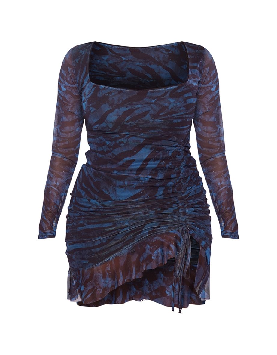 Shape Blue Mesh Long Sleeve Ruched Side Frill Hem Bodycon Dress - 4