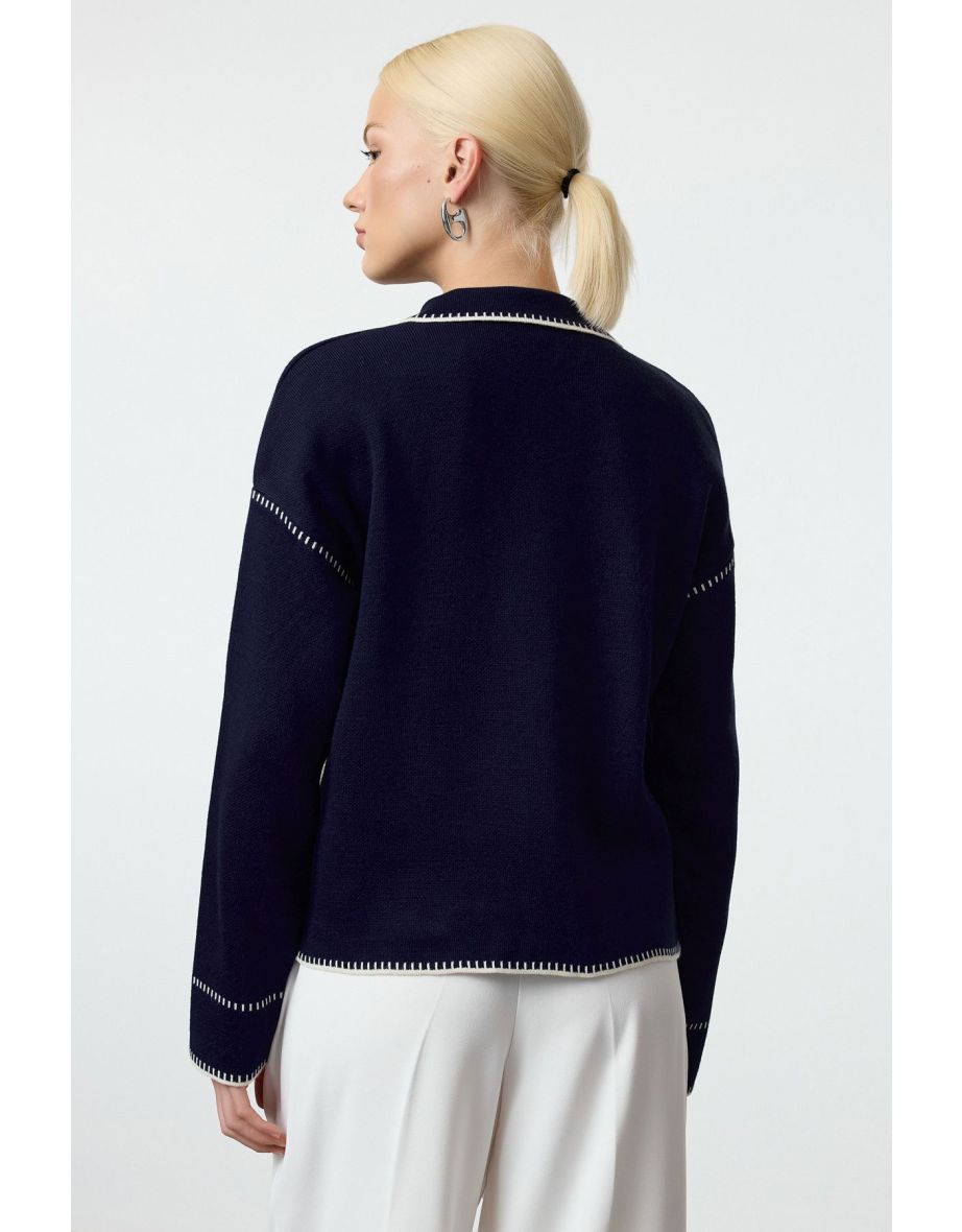 Navy Blue Color Block Polo Neck Knitted Cardigan - 4