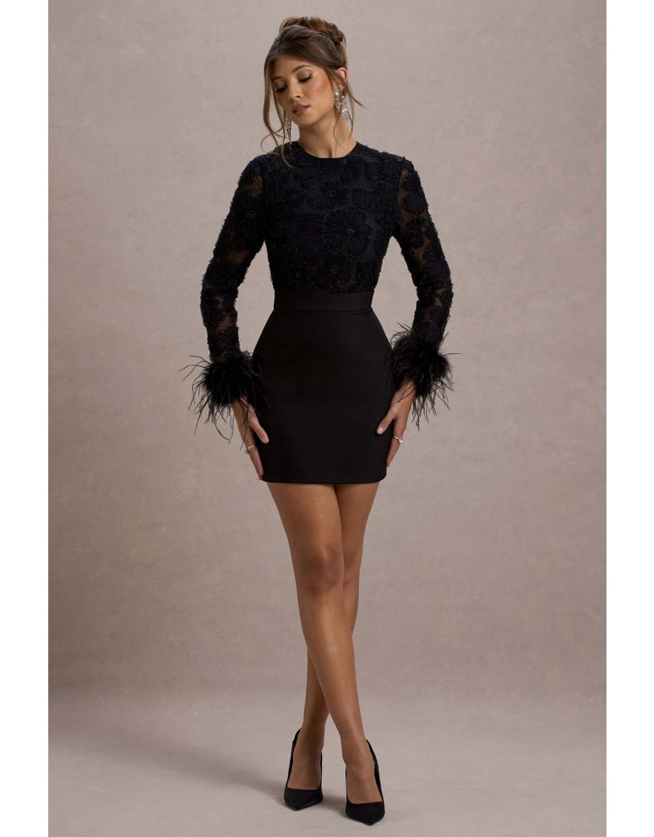 Charli | Black Mesh Long-Sleeve Feather-Trim Mini Dress