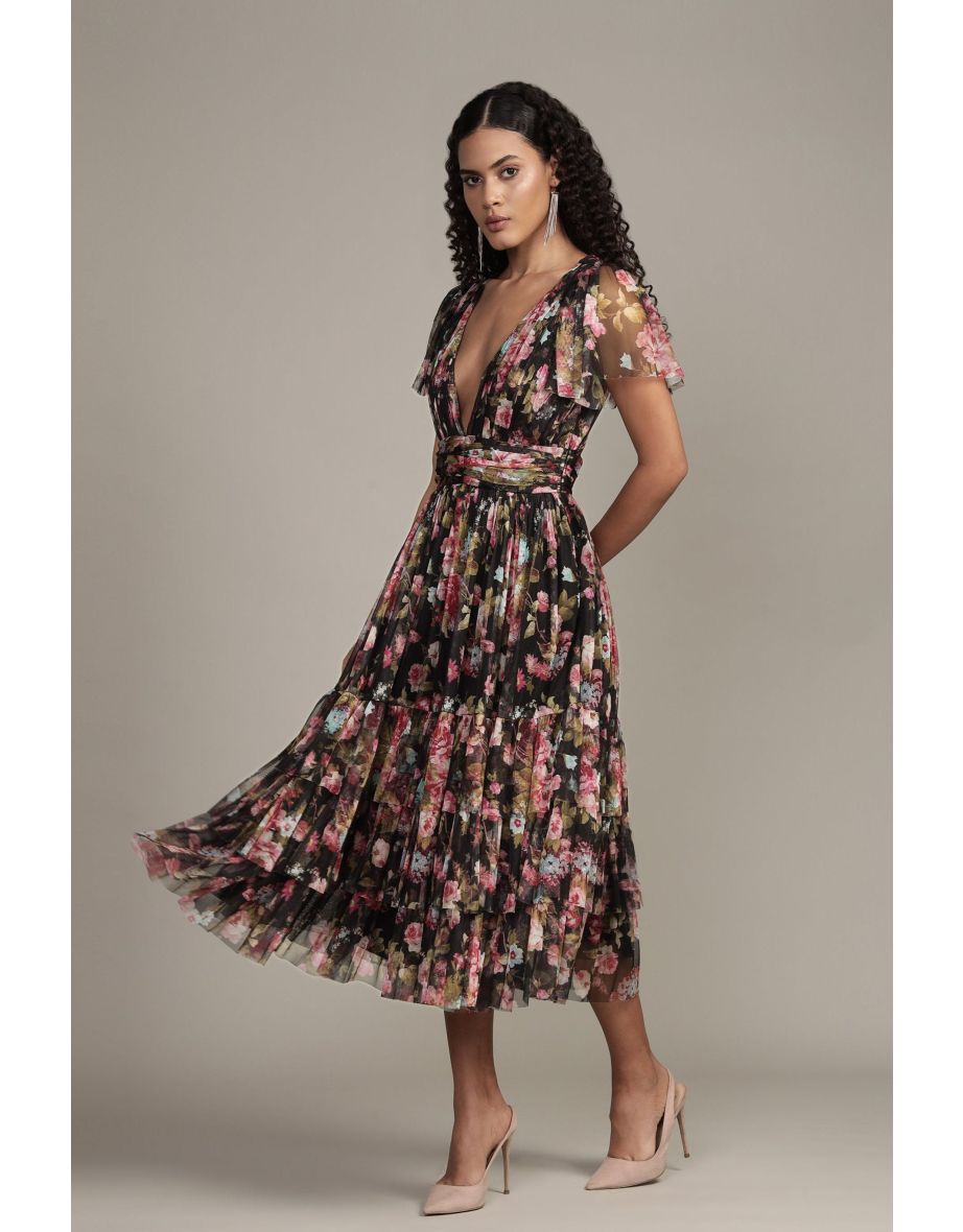 Madison Black Floral Tulle Midi Dress - 8