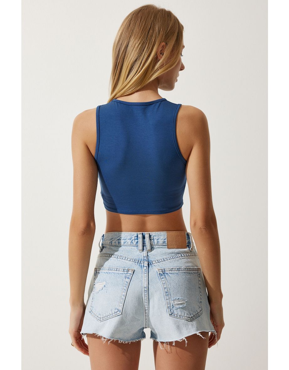 Women's Navy Blue Halter Neck Crop Knitted Blouse - 3