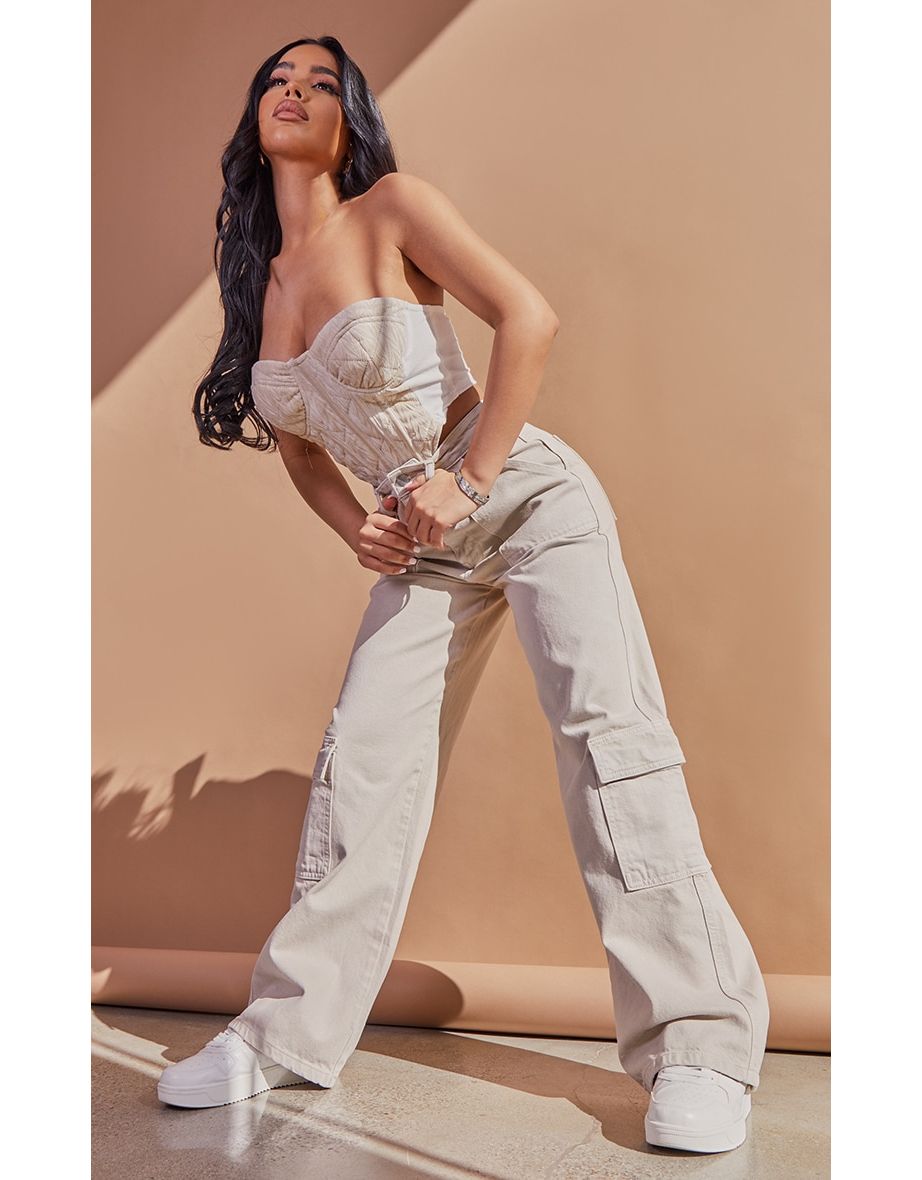 Petite Oatmeal Cargo Pocket Baggy Wide Leg Jeans