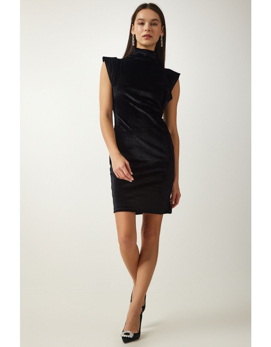 Women's Black High Collar Stylish Velvet Dress