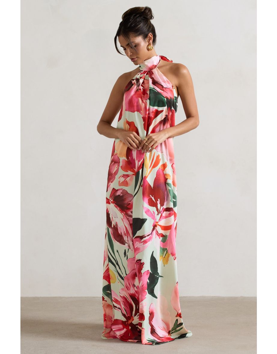 Gloriana | Mint Floral Print Satin High-Neck Floor Dress - 4