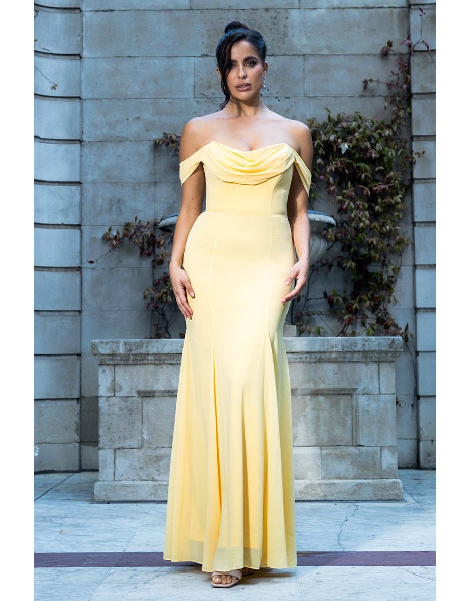 Goddiva Chiffon Bardot Cowl Neck Maxi Dress - Lemon
