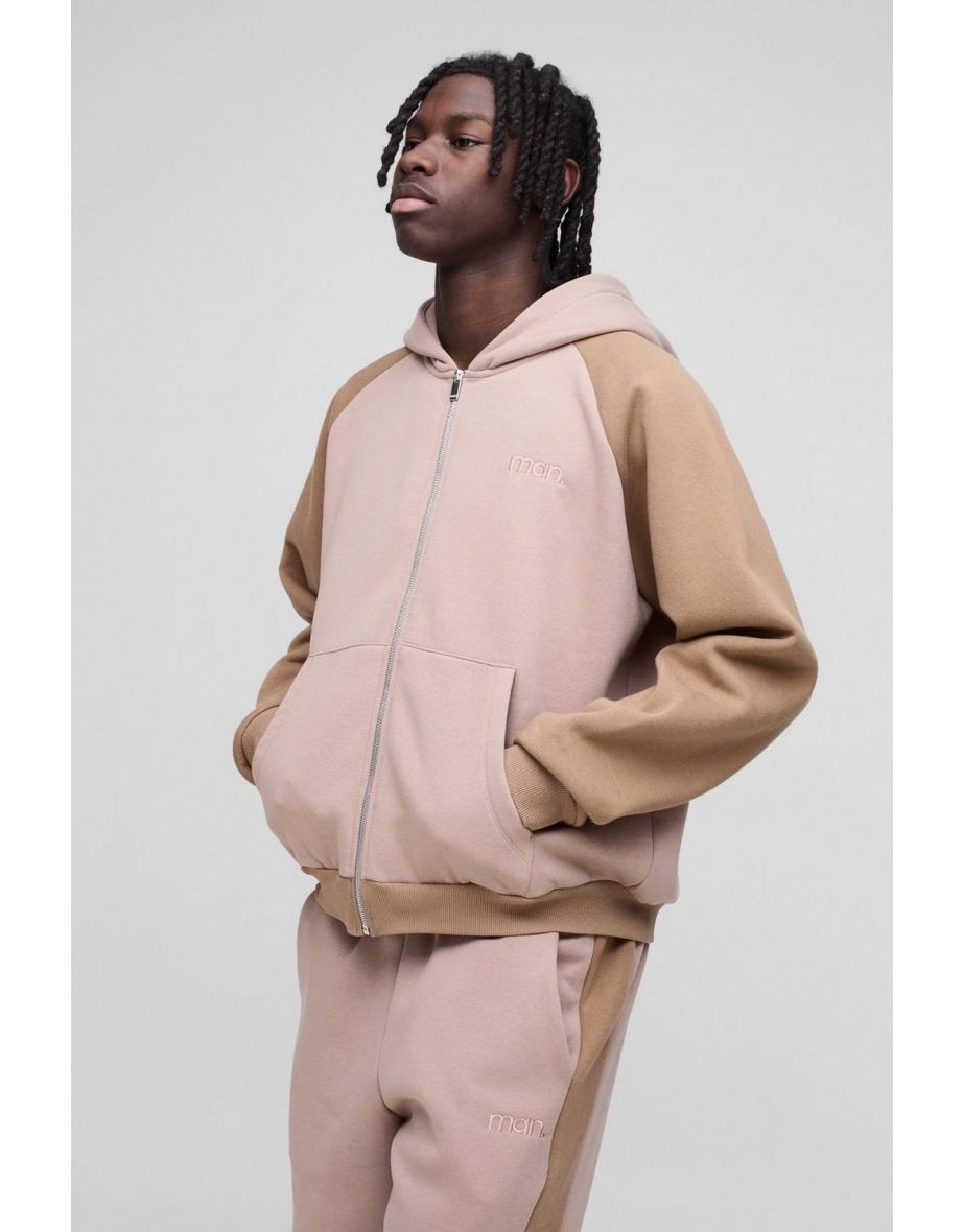 Oversized Man Colour Block Zip Hooded Tracksuit - taupe - 2