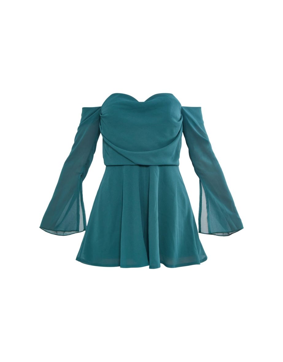 Emerald Green Chiffon Draped Sleeve Playsuit - 4