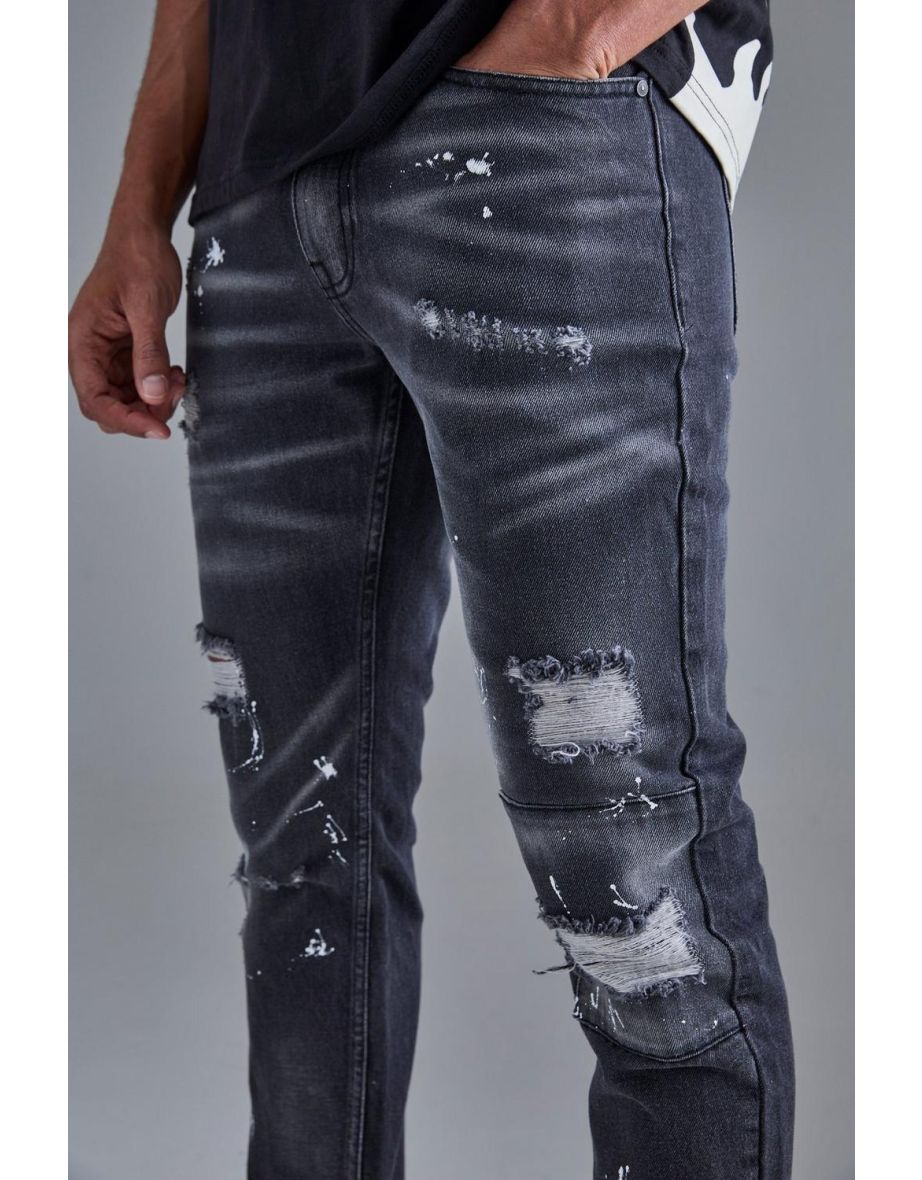 Slim Rigid All Over Paint Detail Knee Ripped Jeans - washed black - 2