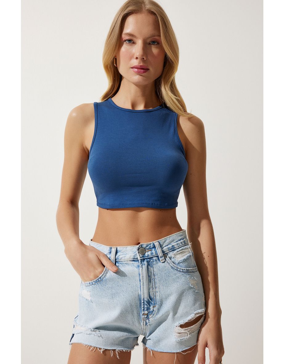 Women's Navy Blue Halter Neck Crop Knitted Blouse