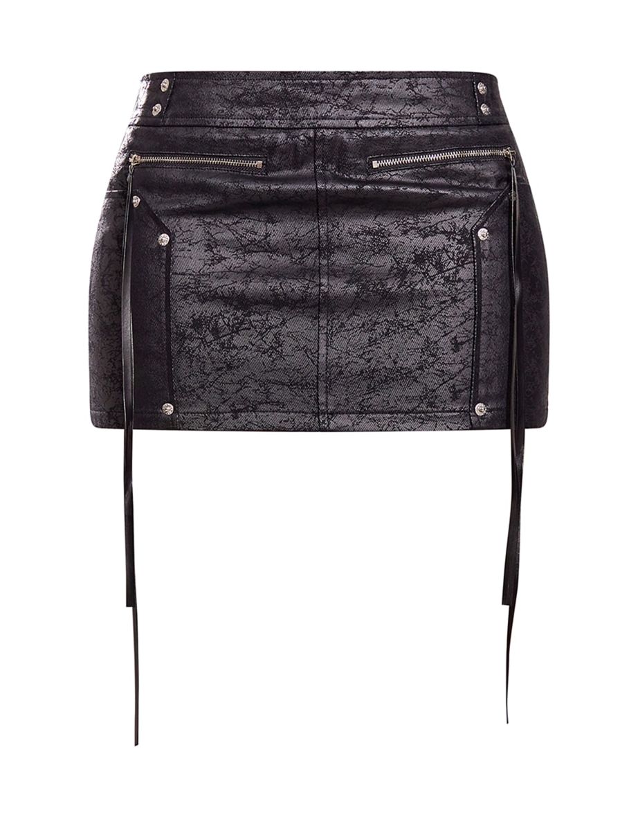 Black Crack Coated Zip Detail Denim Mini Skirt - 5