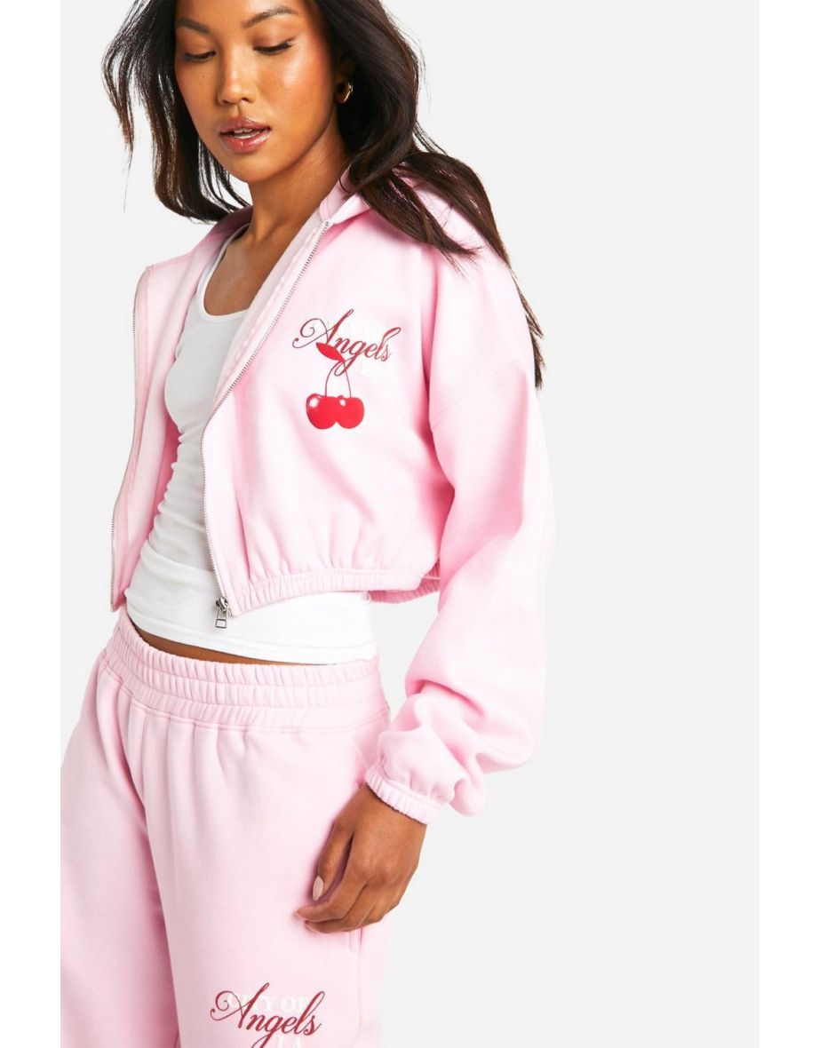 Cherry Print Zip Through Boxy Crop Hoodie