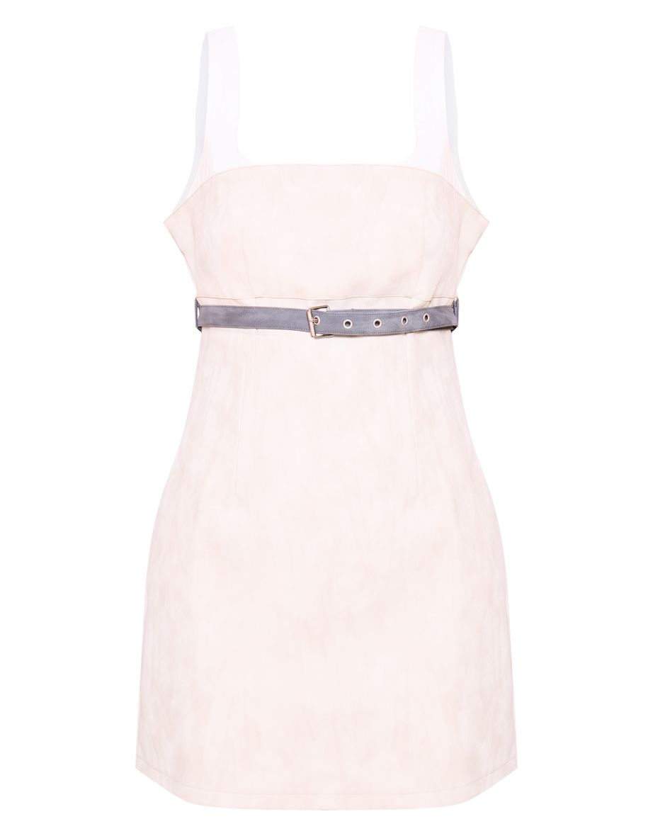 Light Grey Faux Leather Contrast Belted Bodycon Dress - 4