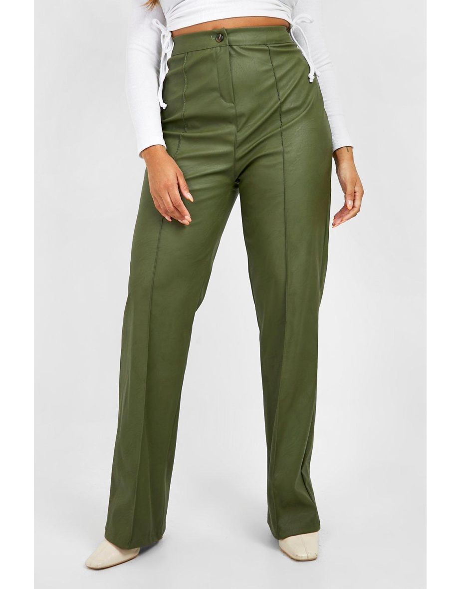 Plus Leather Look Seam Detail Trousers - khaki - 3