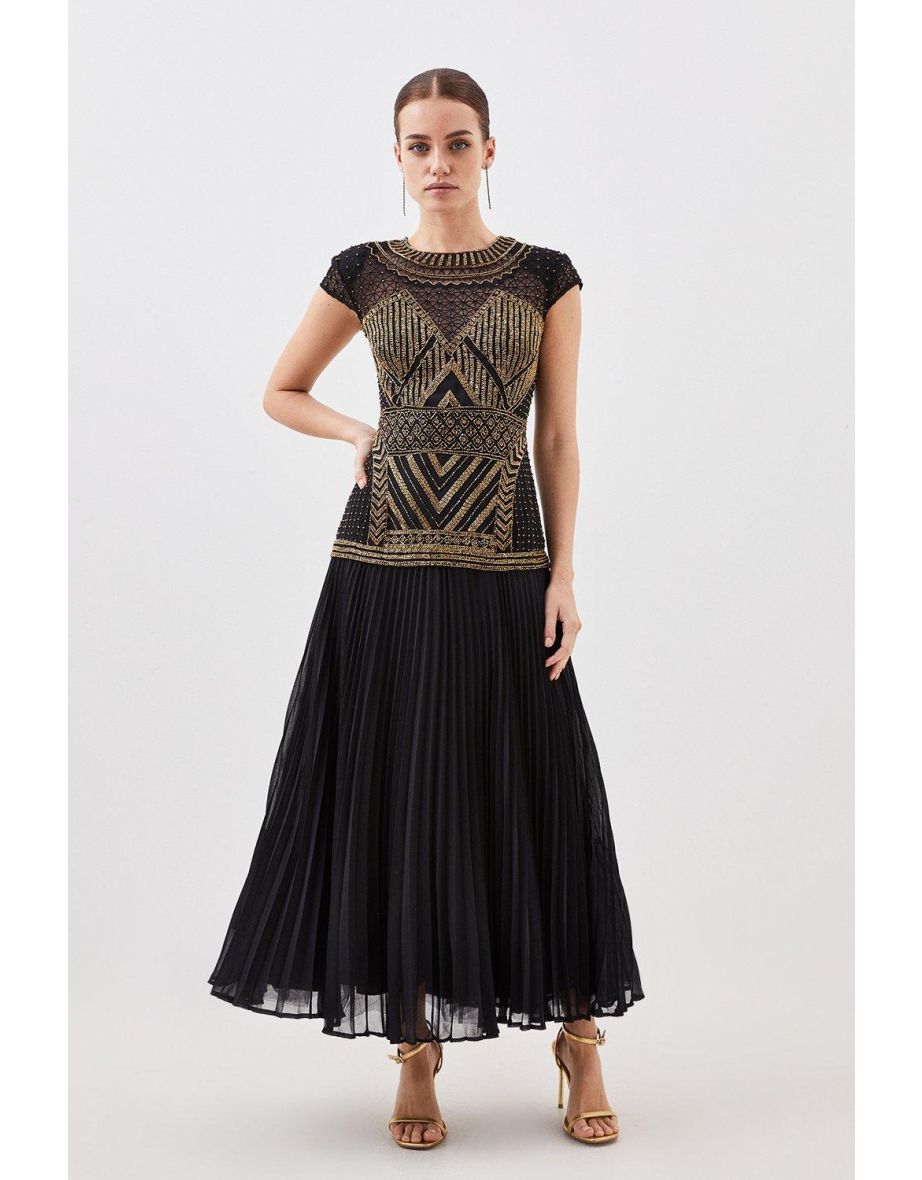 Petite Gold Embellished Pleated Woven Maxi Dress
