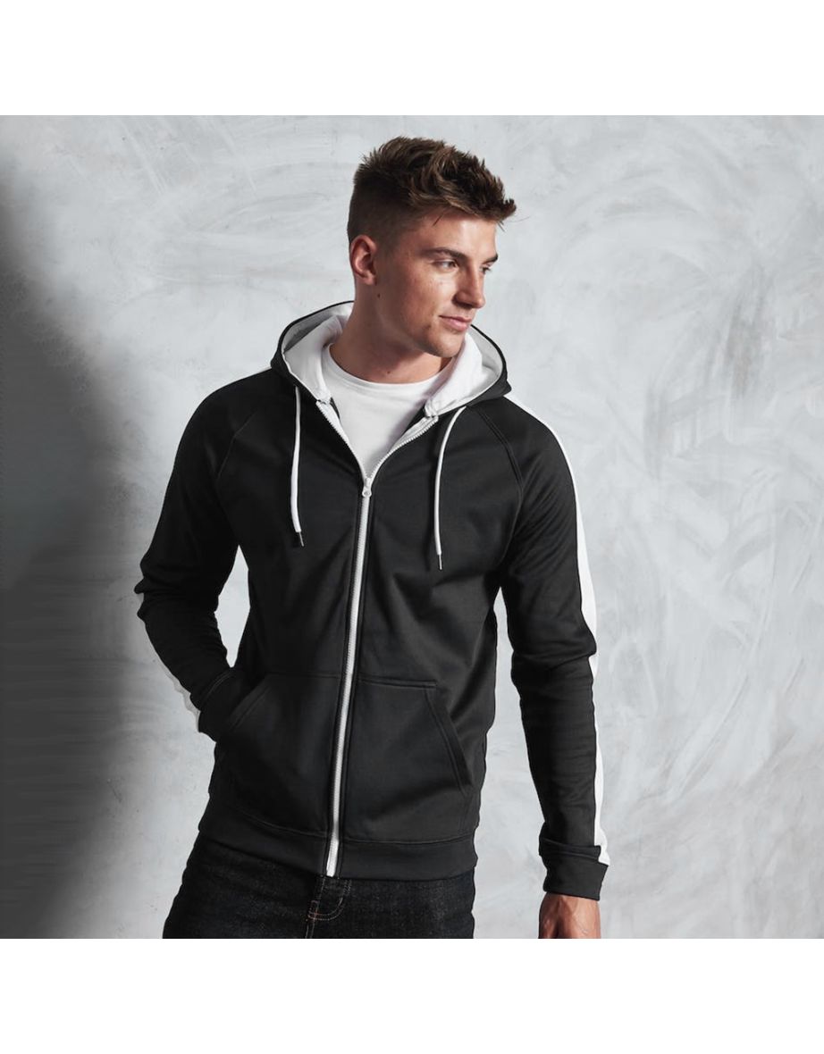 AWDis Just Hoods Mens Contrast Sports Polyester Full Zip Hoodie - Jet Black/Arctic White - 1