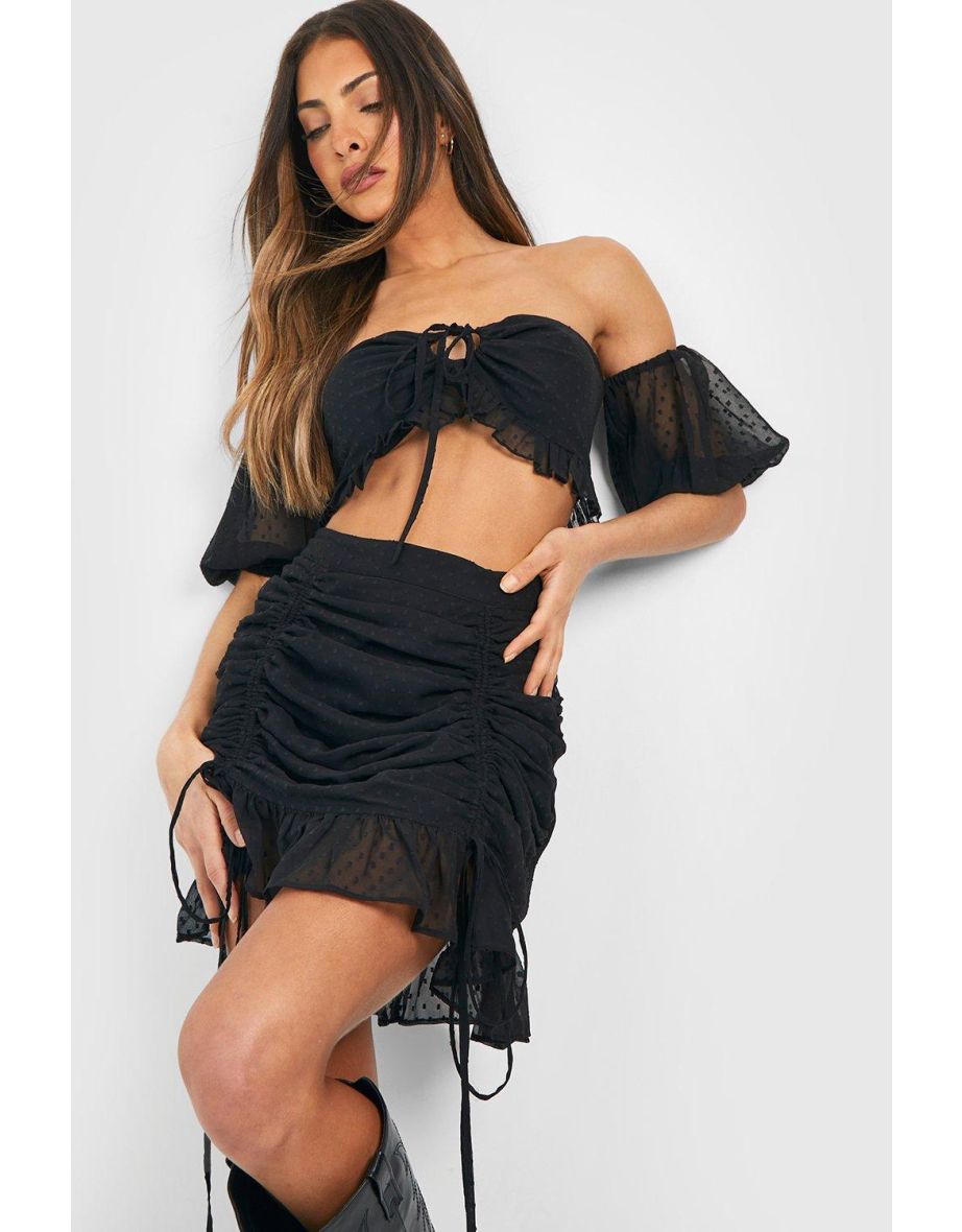 Dobby Mesh Puff Sleeve Crop & Ruched Mini Skirt - black - 3