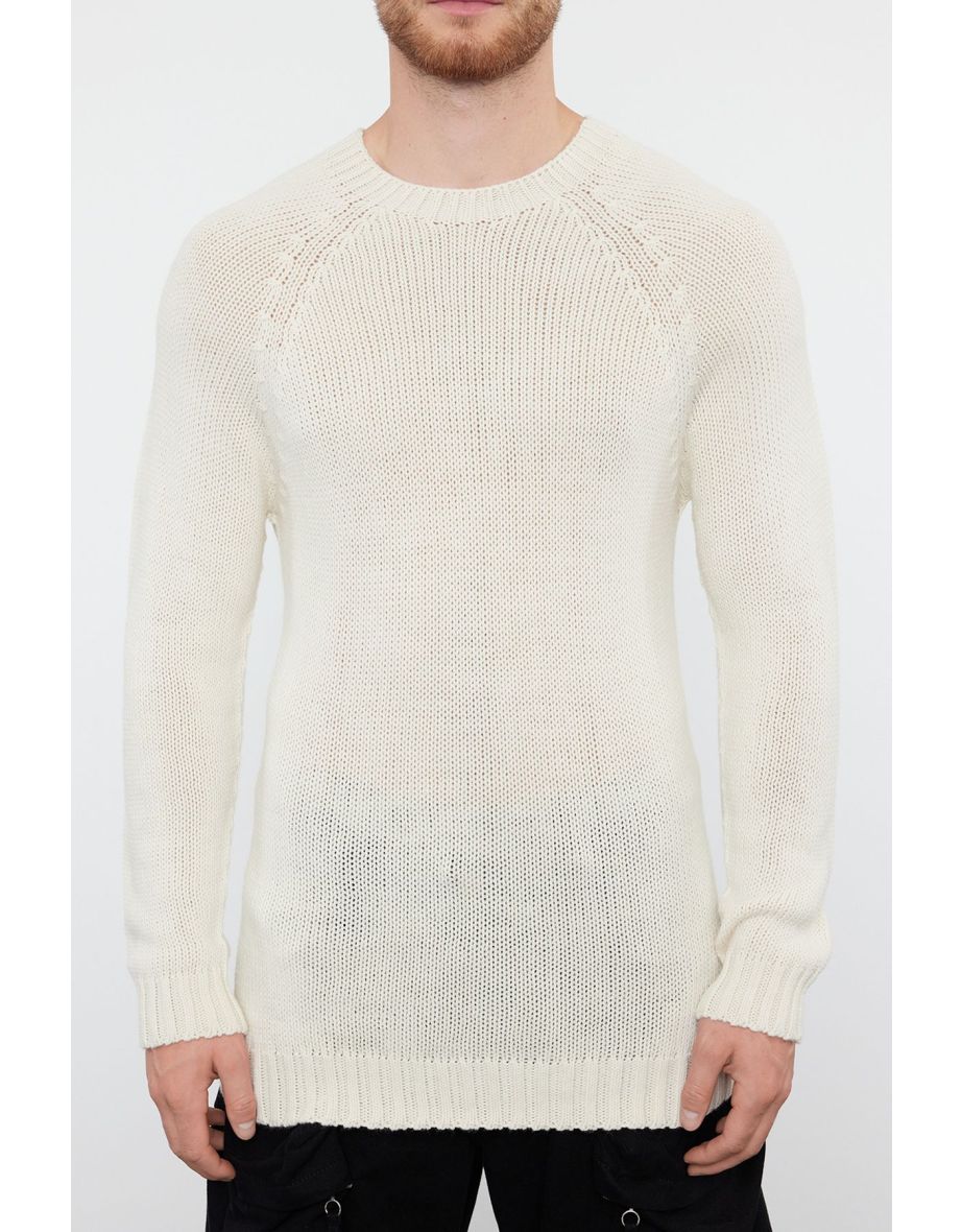 Men's Ecru Slim Fit Crew Neck Raglan Sleeve Seamless Basic Knitwear Sweater - 4