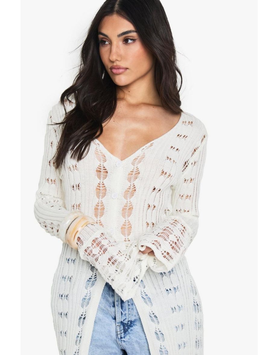 Crochet Frill Sleeve Maxi Cardigan - cream - 3