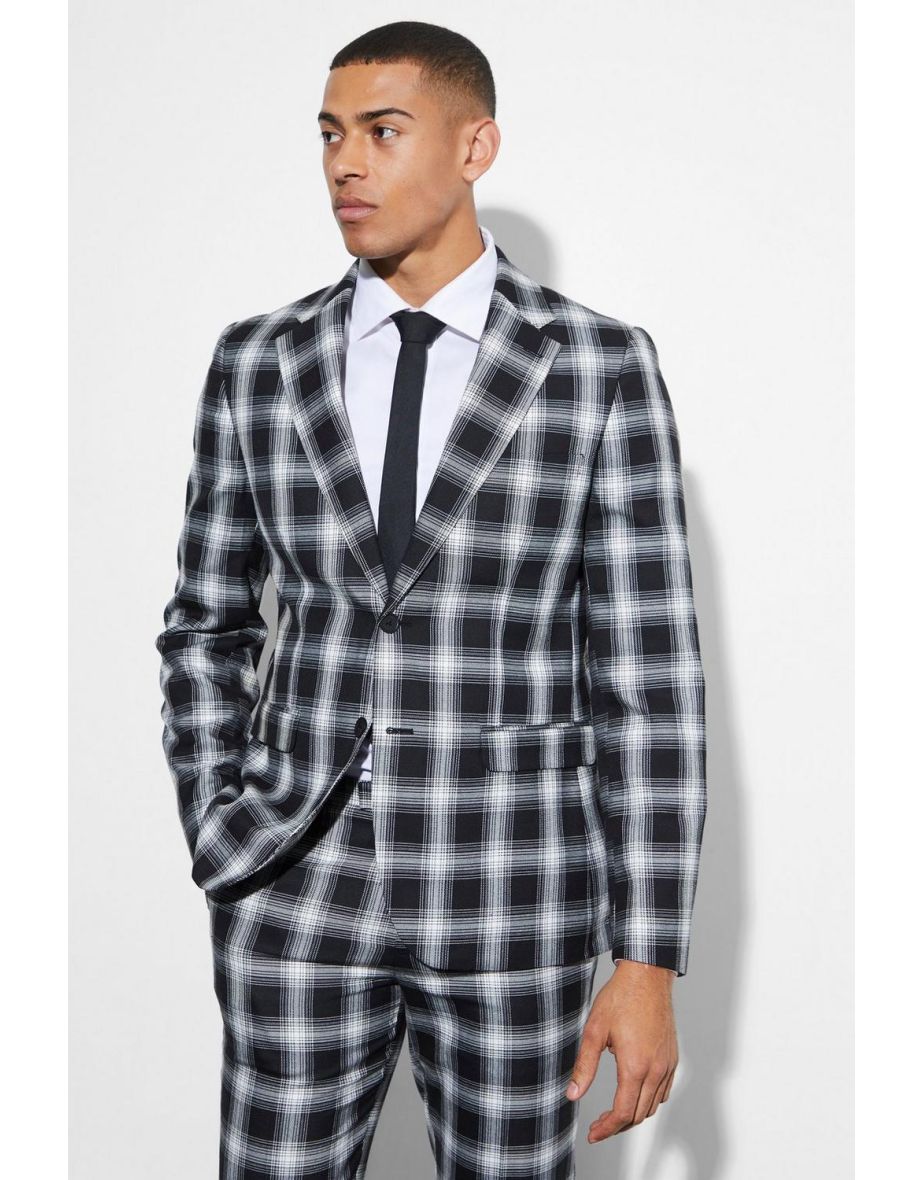 Slim Fit Single Breasted Check Suit Jacket - black