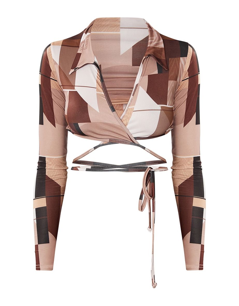 Brown Abstract Slinky Cut Out Plunge Front Long Sleeve Crop Top - 4