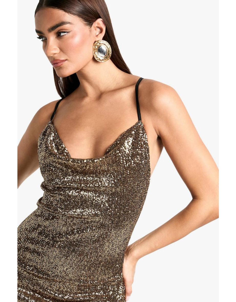 Cowl Neck Sequin Maxi Dress - gold - 3