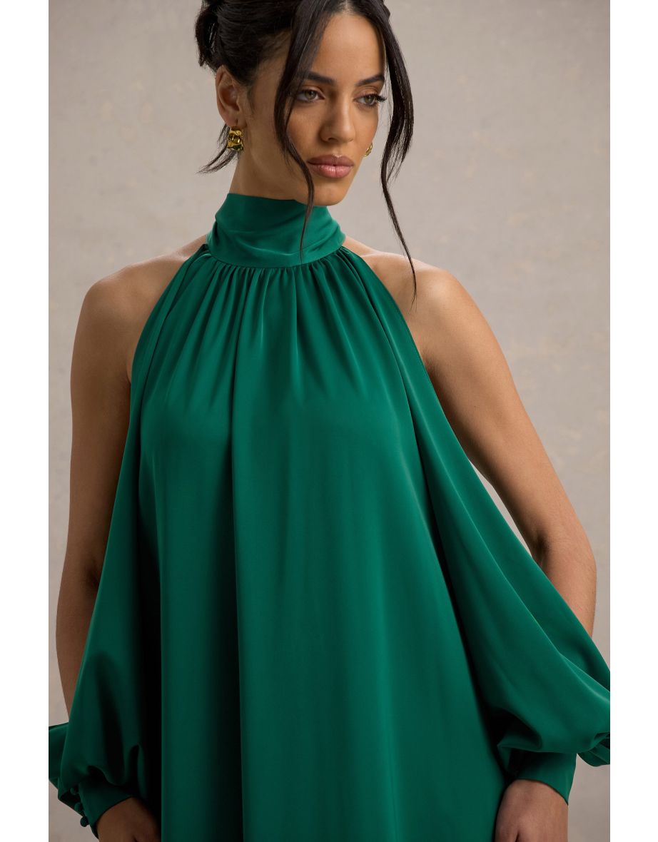 Baila | Bottle Green Satin High-Neck Cape-Sleeve Maxi Dress - 5