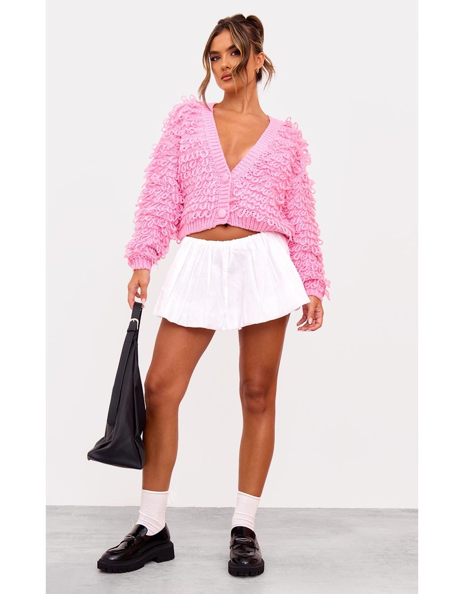 Pink Loop Knit V Neck Button Up Cardigan