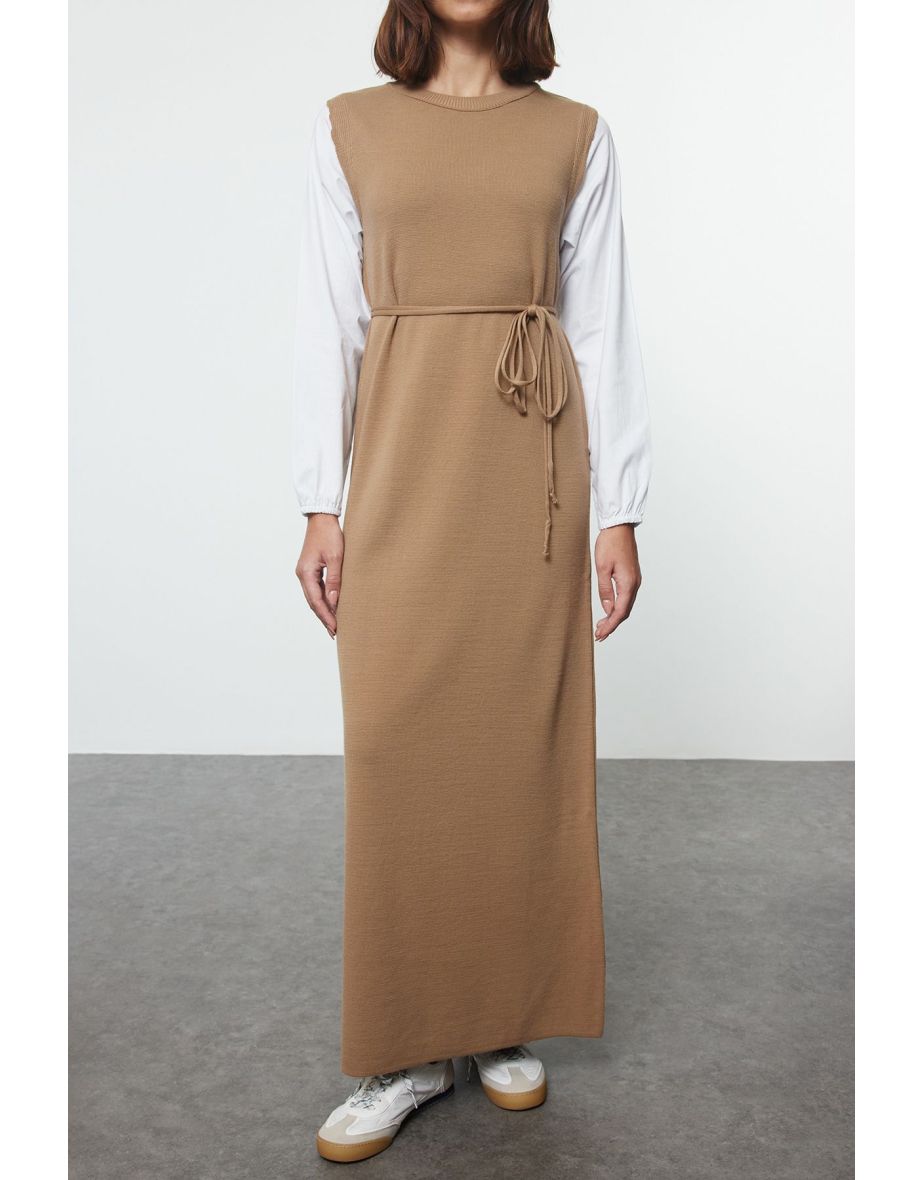 Light Beige Sleeves Woven Piece Detailed Waist Tied Knitwear Dress - 4