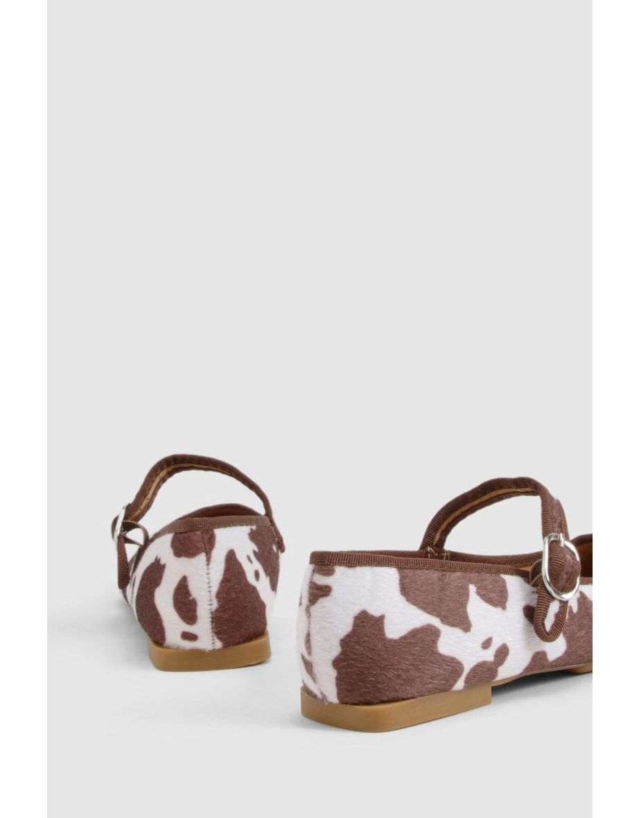 Cow Print Faux Pony Skin Mary Jane Ballets - 3