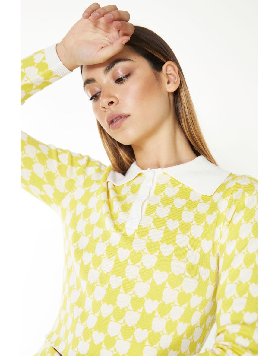 Glamorous Yellow White Heart Collar Long Sleeve Crop Top - 2